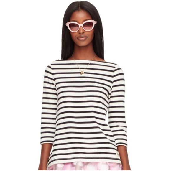 Kate Spade Broom Street Black and White Striped Boat Neck Shirt Ruffle Detail - Picture 2 of 5